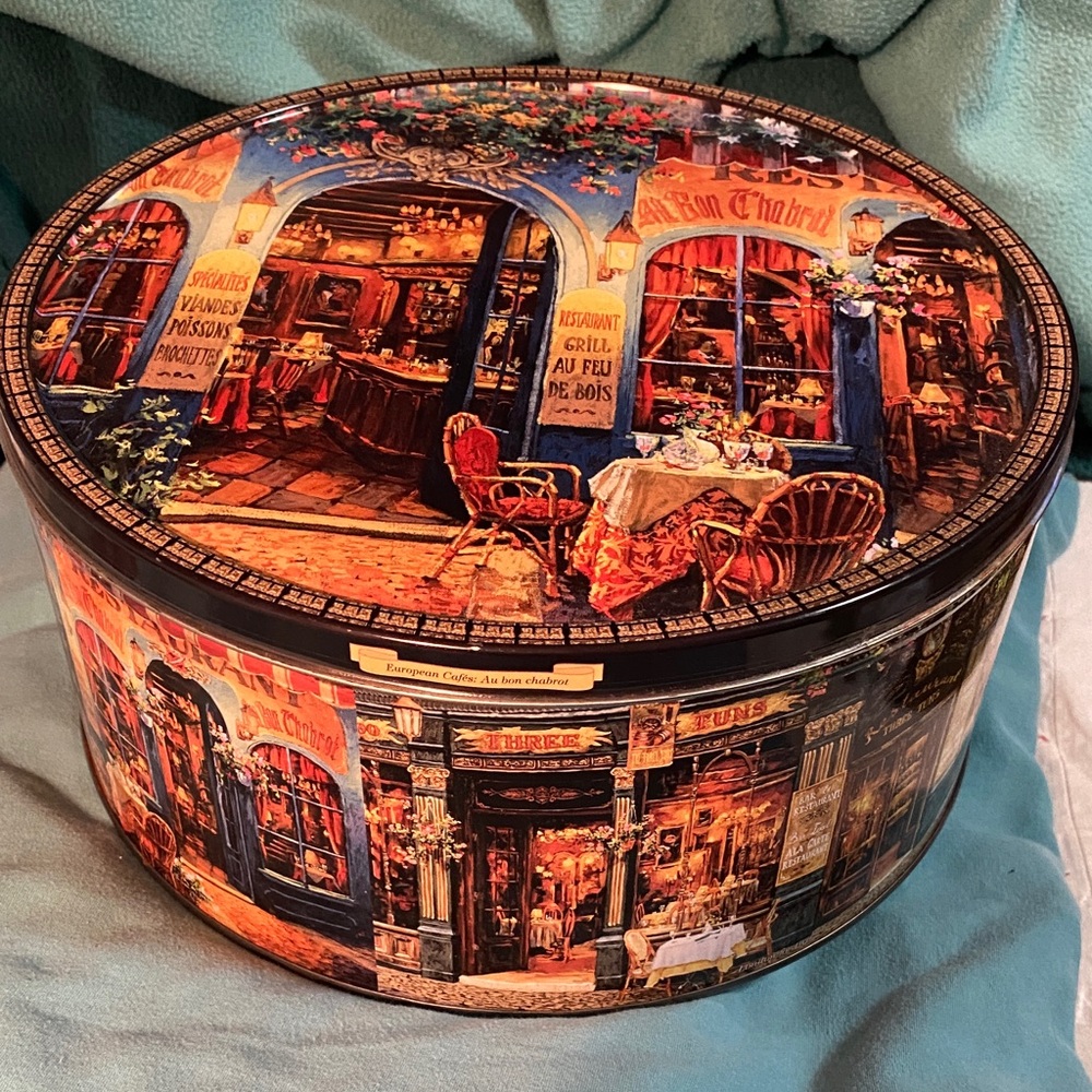 Decorative Round Cookie Tin with Parisian Cafe Design
